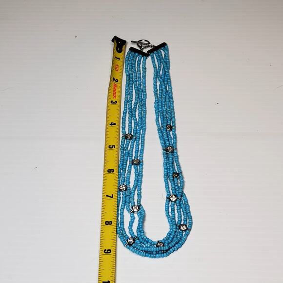 Multi Strand Blue Seed Bead Clear Rhinestone Necklace 16" Retro Silver Tone - Picture 4 of 4